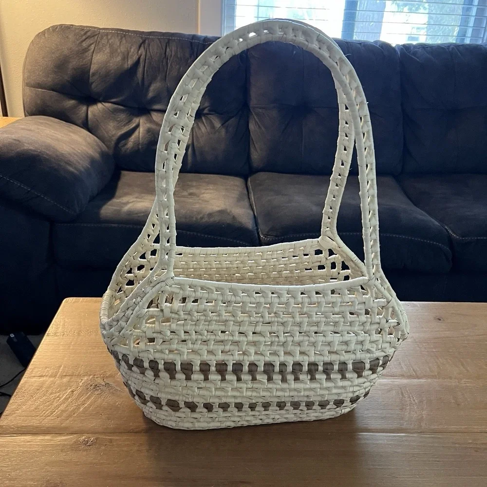 Woven Basket Shoulder Bag Cream Brown Boho Coastal Summer Tote Purse